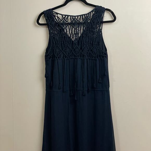 Calypso St. Barth M summer maxi dress navy blue lace rope fringe lined silk - Picture 6 of 7